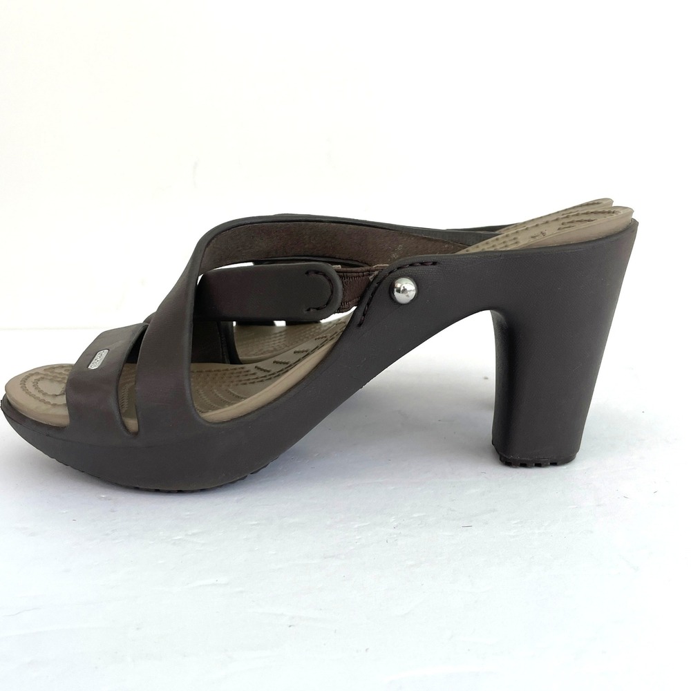 Crocs Cyprus III Espresso Brown Strappy High Heel Sandals Womens Size 9 Mules